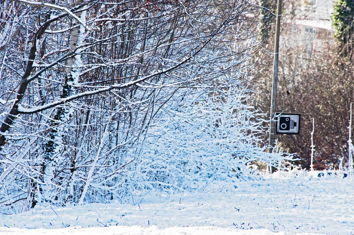 Speed camera warning sign in thick snow